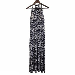 V-neckline Navy Blue & Cream Maxi Rayon Dress